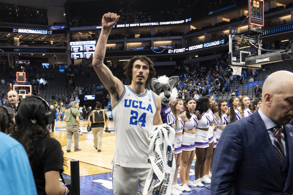 UCLA guard Jaime Jaquez Jr. (24) leaves the court following the team's victory over Northwestern in a second-round college basketball game in the men's NCAA Tournament, Saturday, March 18, 2023, in Sacramento, Calif. UCLA won 68-63. (AP Photo/José Luis Villegas)