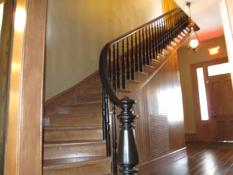 The renovated staircase at former President Woodrow Wilson boyhood house is shown on Monday, Feb. 10, 2014, in Columbia, S.C. Historic Columbia helped renovate the home where Wilson lived when he was a teen.(AP Photo/Jeffrey Collins)