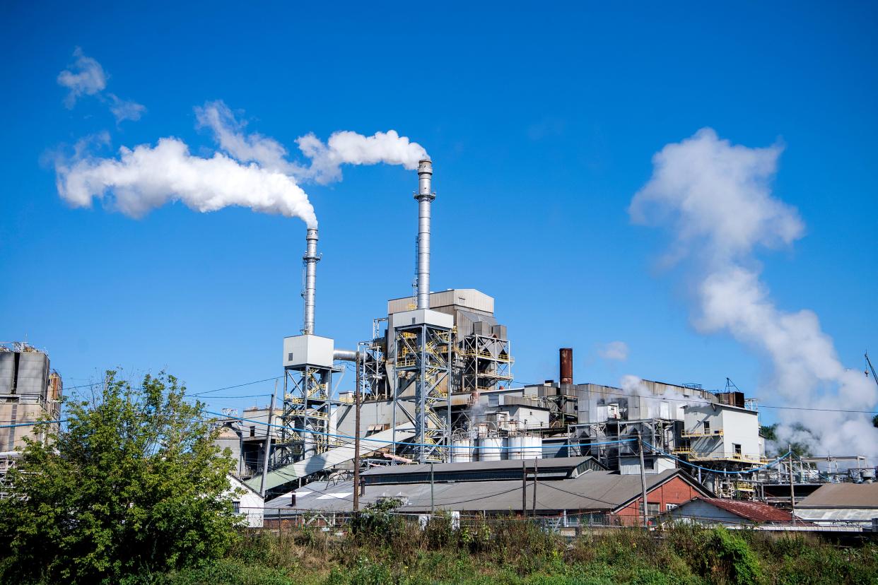 Evergreen Packaging, the paper mill in Canton, is seen from Adams Street on Sept. 21, 2020.