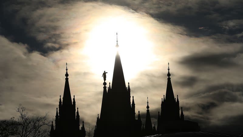 The Salt Lake Temple is surrounded by rain clouds during the 189th Annual General Conference of The Church of Jesus Christ of Latter-day Saints in Salt Lake City on Saturday, April 6, 2019.