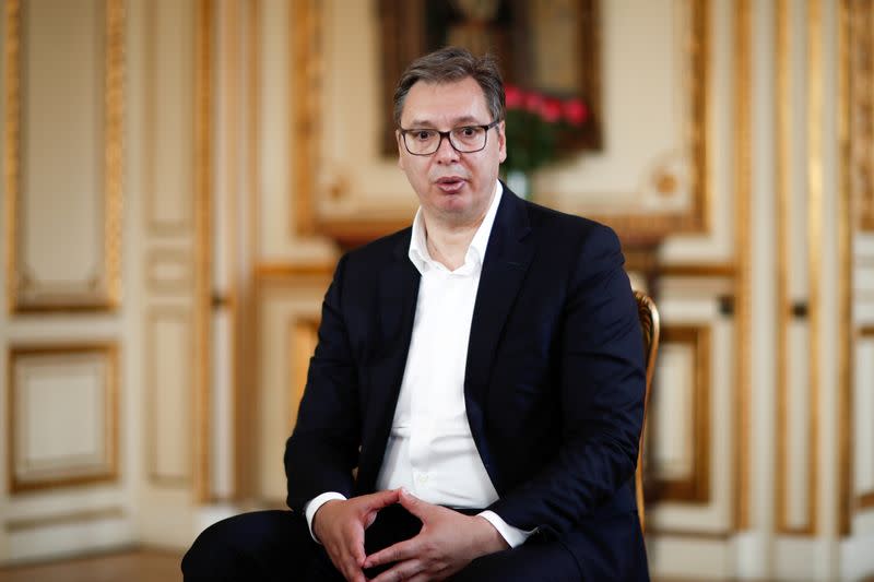 Serbian President Aleksandar Vucic during an interview with Reuters in Paris