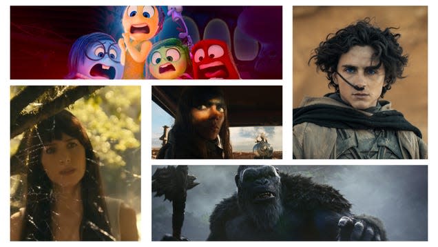 Clockwise from bottom left: Madame Web (Sony Pictures), Inside Out 2 (Disney/Pixar), Dune: Part 2 (Warner Bros.), Godzilla X Kong (Warner Bros.), and Furiosa (Warner Bros.)