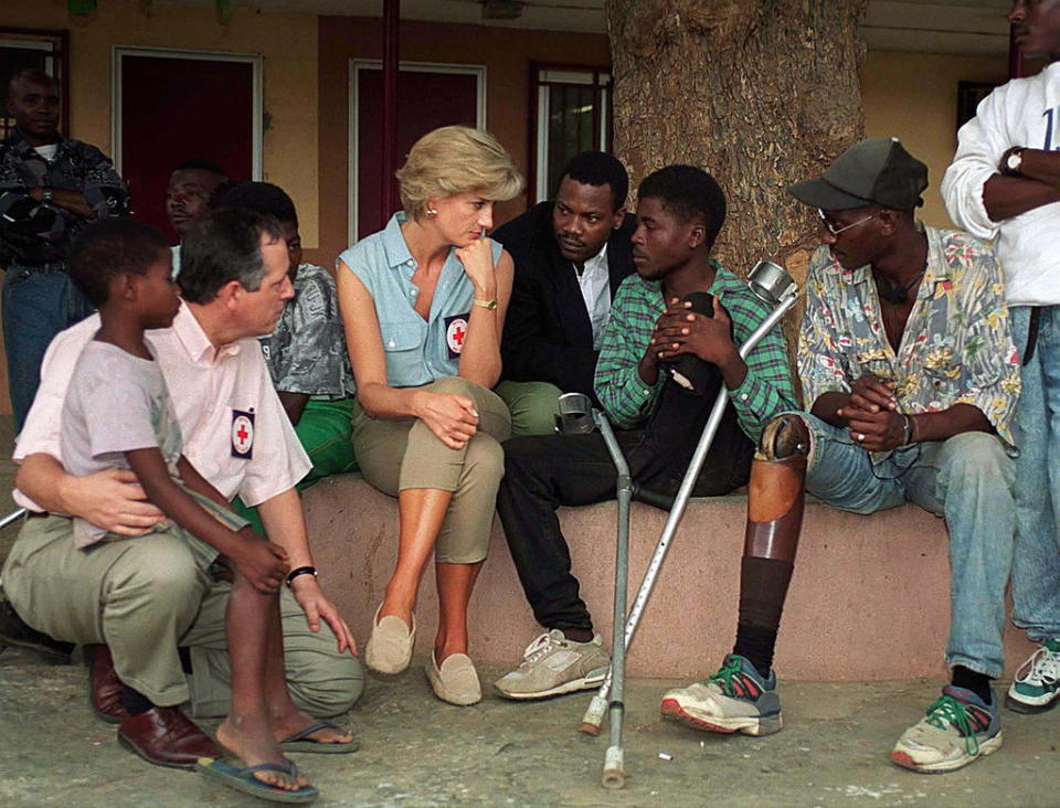 Diana, Princess Of Wales, At Neves Bendinha, An ICRC Orthopedic Workshop In Luanda, Angola, with victims of land mines. | Tim Graham—Tim Graham Photo Library via Getty