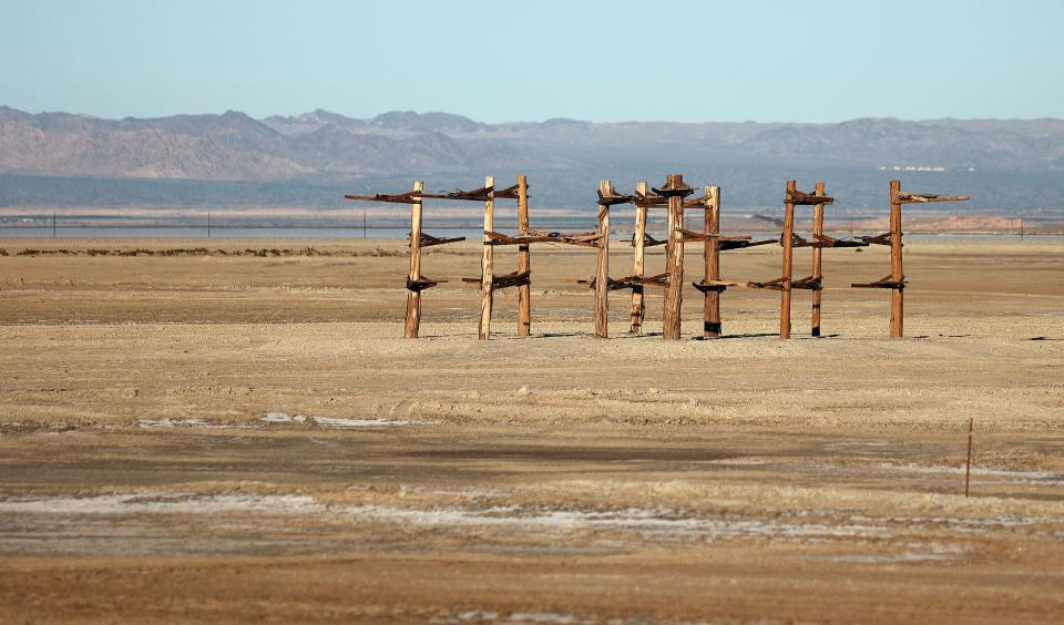 Bird nesting platforms are pictured in the Species Conservation Habitat Project, which is under construction, by the Salton Sea in Imperial County, Calif., on Wednesday, Dec. 13, 2023. The Species Conservation Habitat Project will turn over 4,000 acres of exposed lake bed into wetlands habitat for aquatic wildlife and migratory birds of the Pacific Flyway, as part of a 10-year plan to restore 30,000 acres around the Salton Sea. | Kristin Murphy, Deseret News