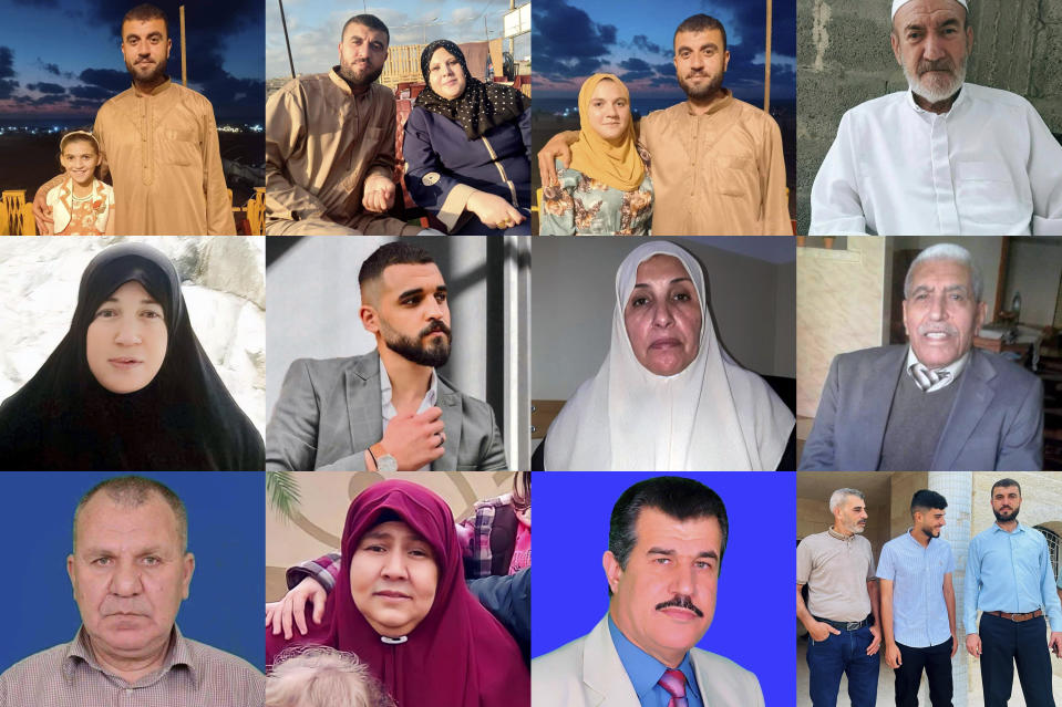 This combination of photos provided by Youssef Salem shows relatives he has lost from Israeli strikes during the Gaza war which started Oct. 7, 2023. Top row from left, Mohamed Salem with his daughter, Amal; his wife, Fidaa; his daughter Sara, and Ibrahim Salem. Second row from left, the daughter of Um Ahmed Salem, Mohamed Hani Salem, Um Hani Salem and Ismail Salem. Third row from left, Adel Salem, Um Ahmed Salem, Ismail Salem, Munir, Nour and Mohamed Salem. (Courtesy Youssef Salem via AP)