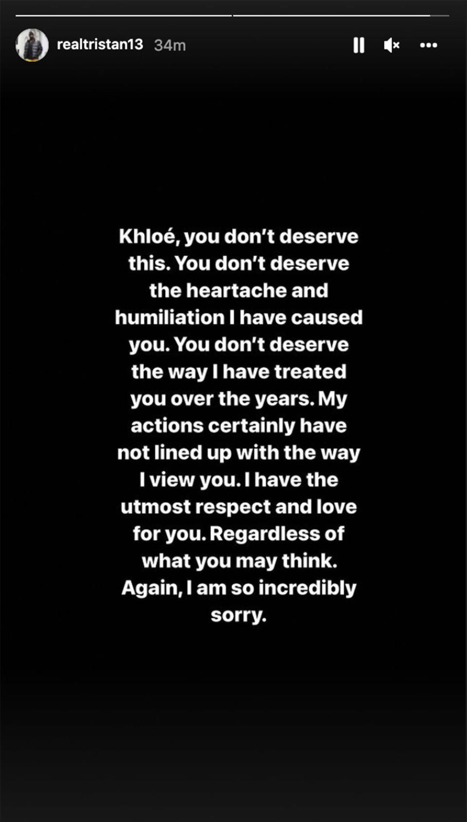 Thompson apologized to Kardashian on his public Instagram story. (Tristan Thompson / Instagran)