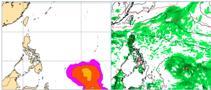 最新(10日20時)歐洲(ECMWF)系集模式，模擬16日20時「熱帶擾動」發展機率圖(左圖)顯示，菲律賓東方海面有「熱帶擾動」醞釀中。美國模式(GFS)亦有類似的模擬(右圖)。(圖擷自ECMWF， weathernerds)   圖/「三立準氣象.老大洩天機」專欄