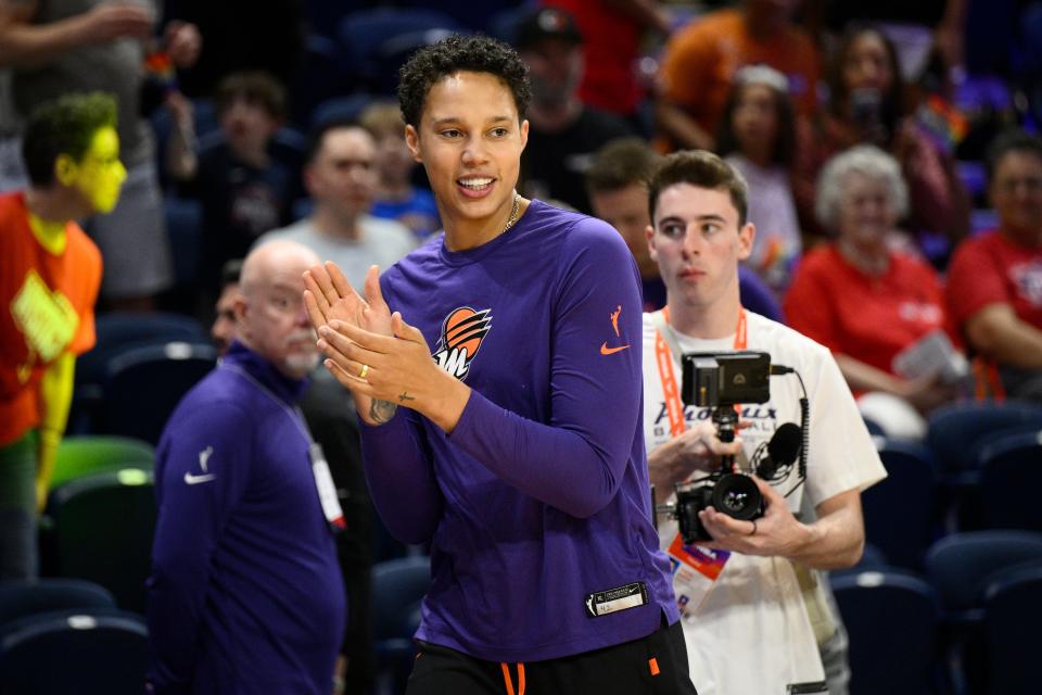 Phoenix Mercury center Brittney Griner walks on the court before the team's game against the Washington Mystics.