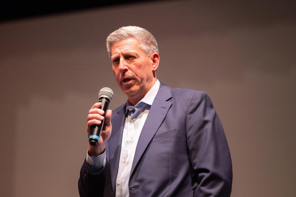 Utah Congressional District 2 representative candidate Bruce Hough speaks during the first Congressional District 2 debate at Woods Cross High School in Woods Cross on June 20, 2023. | Ryan Sun, Deseret News