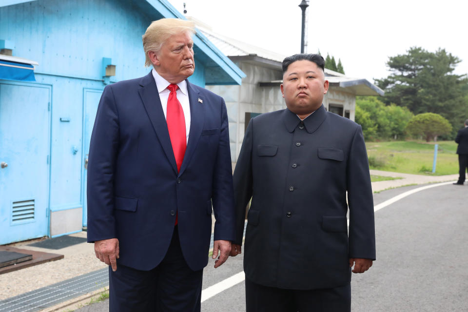 PANMUNJOM, SOUTH KOREA - JUNE 30 (SOUTH KOREA OUT): A handout photo provided by Dong-A Ilbo of North Korean leader Kim Jong Un and U.S. President Donald Trump inside the demilitarized zone (DMZ) separating the South and North Korea on June 30, 2019 in Panmunjom, South Korea. U.S. President Donald Trump and North Korean leader Kim Jong-un briefly met at the Korean demilitarized zone (DMZ) on Sunday, with an intention to revitalize stalled nuclear talks and demonstrate the friendship between both countries. The encounter was the third time Trump and Kim have gotten together in person as both leaders have said they are committed to the 