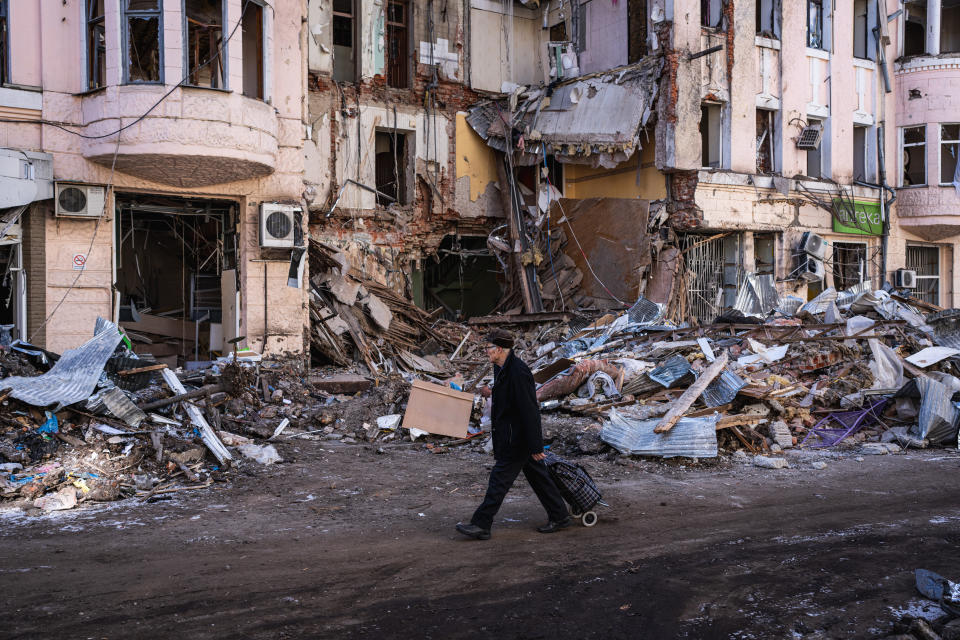 Seen here are badly damaged buildings in the Ukrainian city of Kharkiv after heavy bombardment by Russian artillery. 