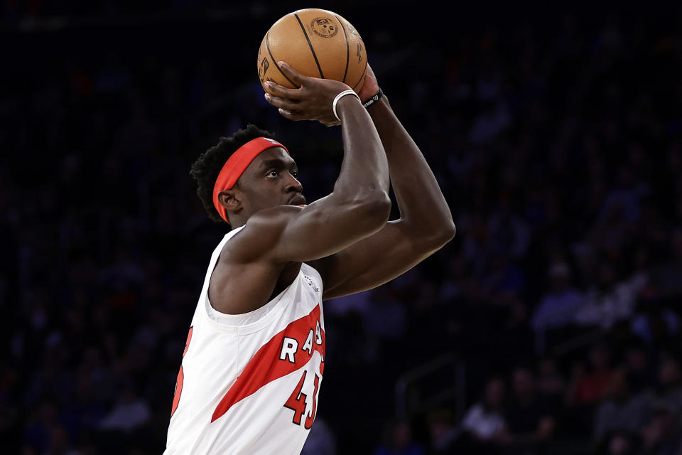 Toronto Raptors forward Pascal Siakam looks to shoot against the New York Knicks during the first half of an NBA basketball game Monday, Jan. 16, 2023, in New York. (AP Photo/Adam Hunger)