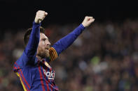 Barcelona's Lionel Messi celebrates after scoring his side's third goal during the Champions League semifinal, first leg, soccer match between FC Barcelona and Liverpool at the Camp Nou stadium in Barcelona, Spain, Wednesday, May 1, 2019. (AP Photo/Emilio Morenatti)