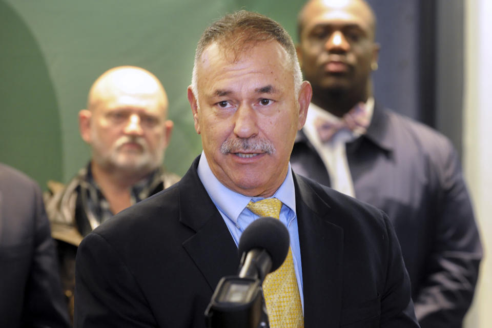 Kosta Diamantis, former director of Connecticut's Office of School Construction Grants and Review, speaks at a news conference to announce plans to build a new Norwalk High School, at Norwalk High School, in Norwalk, Conn. Dec. 9, 2019. Diamantis, a former top official in Connecticut Gov. Ned Lamont's budget office who played a key role in school construction grants and offshore wind projects was arrested Thursday morning on federal charges. (Ned Gerard/Hearst Connecticut Media)