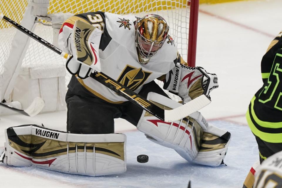 Vegas Golden Knights goaltender Jonathan Quick makes a save against the Dallas Stars on April 8.