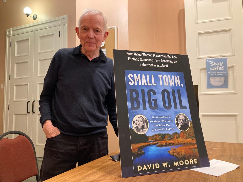 David Moore, author of "Small Town, Big Oil," seen in Portsmouth on Thursday, May 5. His book details how three women, including former Durham state representative Dudley Dudley, prevented a $600 million oil refinery from being built in Durham almost 50 years ago.