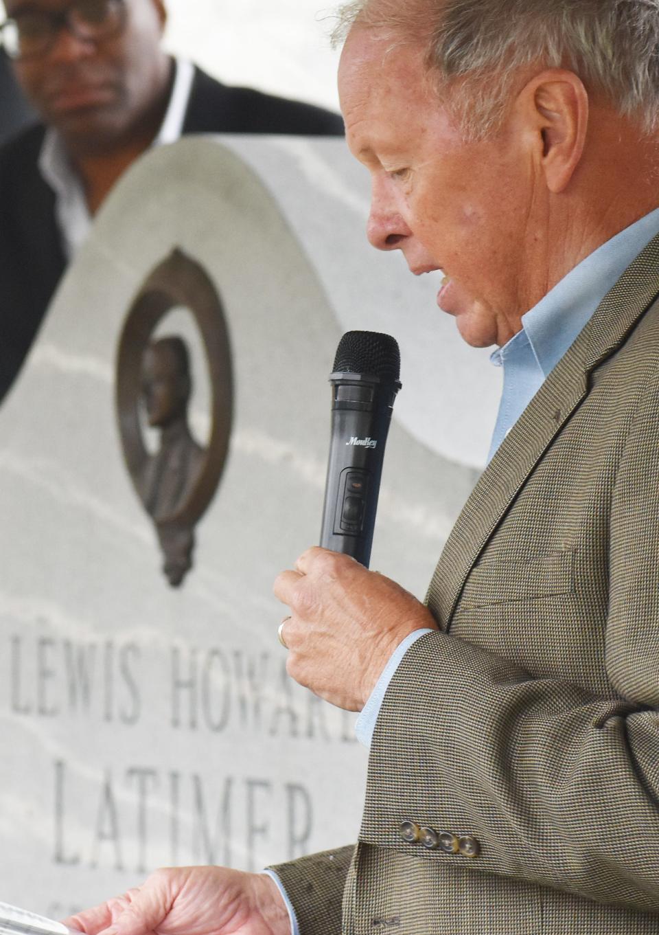 Fall River Mayor Paul Coogan speaks at the unveiling of the Lewis Latimer gravestone at Oak Grove cemetery Saturday Sept 23,2023.