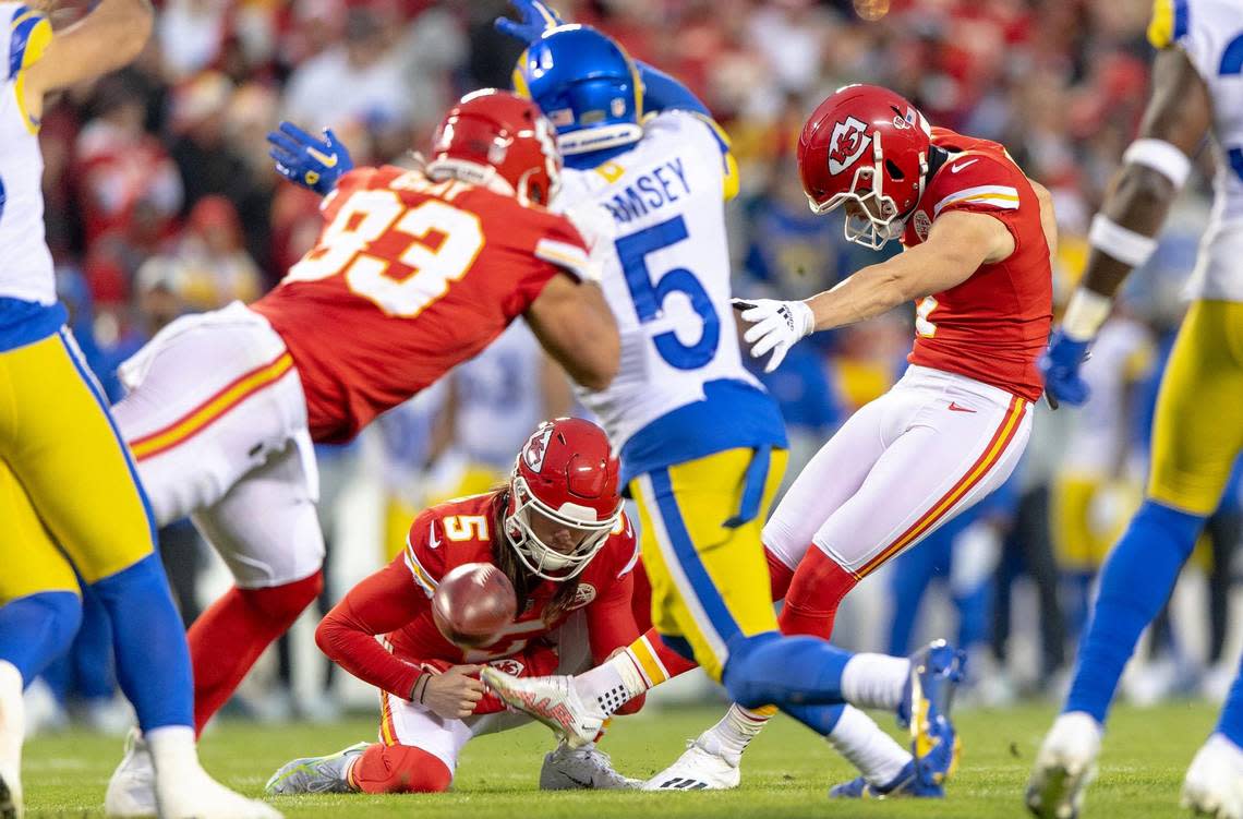 Los Angeles Rams cornerback Jalen Ramsey (5) attempts to block a field goal by Kansas City Chiefs place kicker Harrison Butker (7) during an NFL football game at Arrowhead Stadium on Sunday, Nov. 27, 2022 in Kansas City.