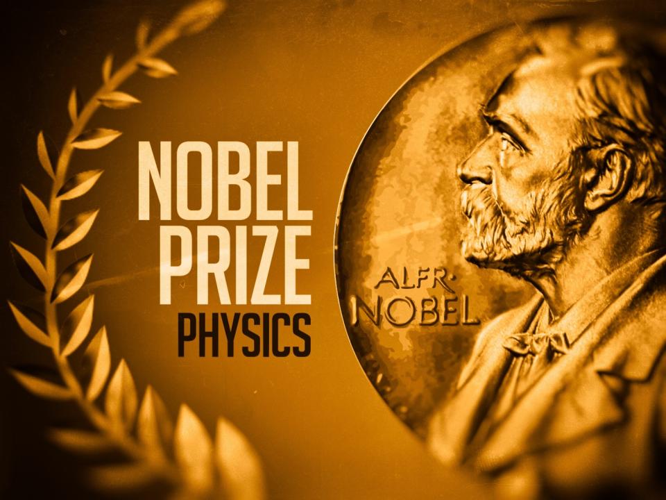 Nobel Prize medallion on texture with laurel wreath, with NOBEL PRIZE PHYSICS lettering, finished graphic
