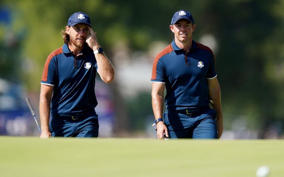 Team Europe's Rory McIlroy and Tommy Fleetwood during a practice round