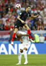 <p>England’s Ashley Young, down, and Croatia’s Sime Vrsaljko, up, challenge for the ball during the semifinal match between Croatia and England at the 2018 soccer World Cup in the Luzhniki Stadium in Moscow, Russia, Wednesday, July 11, 2018. (AP Photo/Matthias Schrader) </p>