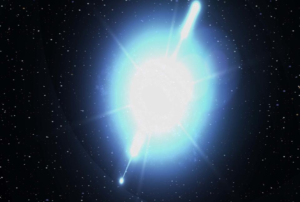 This NASA illustration shows a burst of gamma rays from deep in space that scientists believe may have been the biggest explosion since the Big Bang, astronomers announced May 6. The burst was first seen Dec. 14, 1997, by the Italian/Dutch BeppoSAX satellite and NASA's Compton Gamma Ray Observatory satellite and was measured at about 12 billion light years from earth.