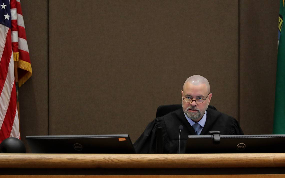 Superior Court judge Samuel Swanberg presides over a mid-February, 2024 hearing recently in Benton County at the Benton County Justice Center in Kennewick.