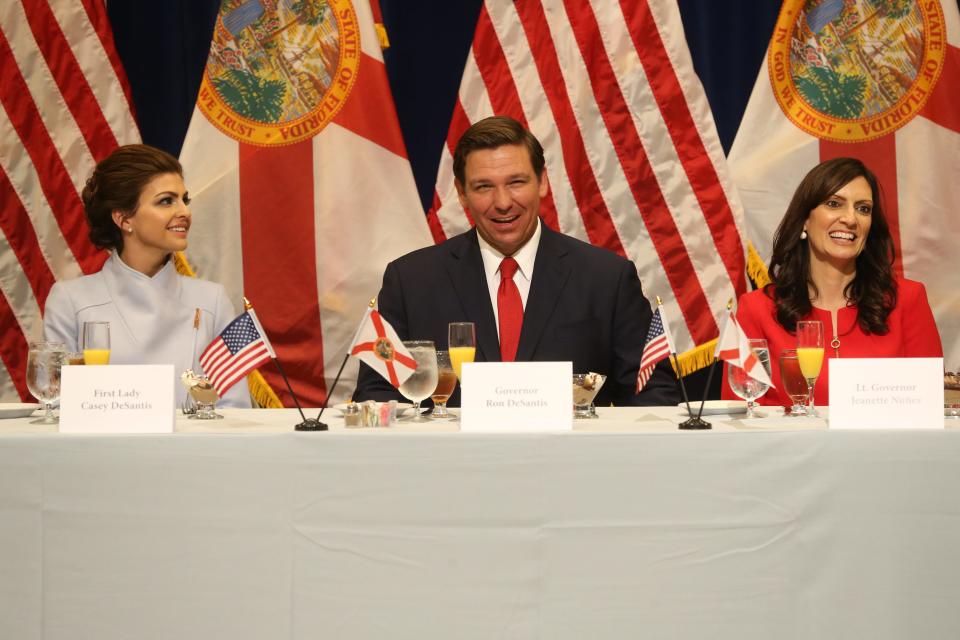 For the first time in Inaugural history, Gov. Ron DeSantis addresses Florida's Legislative leaders and Cabinet officials. DeSantis discusses his plans to work with the state's elected leaders to achieve a Bold Vision for a Brighter Future, Tuesday, Jan. 8, 2019. First lady Casey DeSantis, left, Gov. Ron DeSantis, and Lt. Gov. Jeanette Nuñez chuckle during a toast.