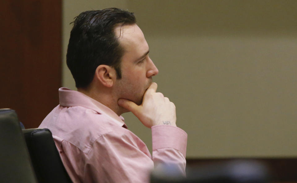 William Hoehn watches testimony Tuesday, Sept. 25, 2018, in District Court, in Fargo, N.D. Hoehn is on trial for conspiracy in the August 2017 death of 22-year-old Savanna Greywind. He is charged with conspiracy to commit murder in the death of 22-year-old Greywind, who was eight months pregnant when she was killed in August 2017. (Michael Vosburg/The Forum via AP, Pool)