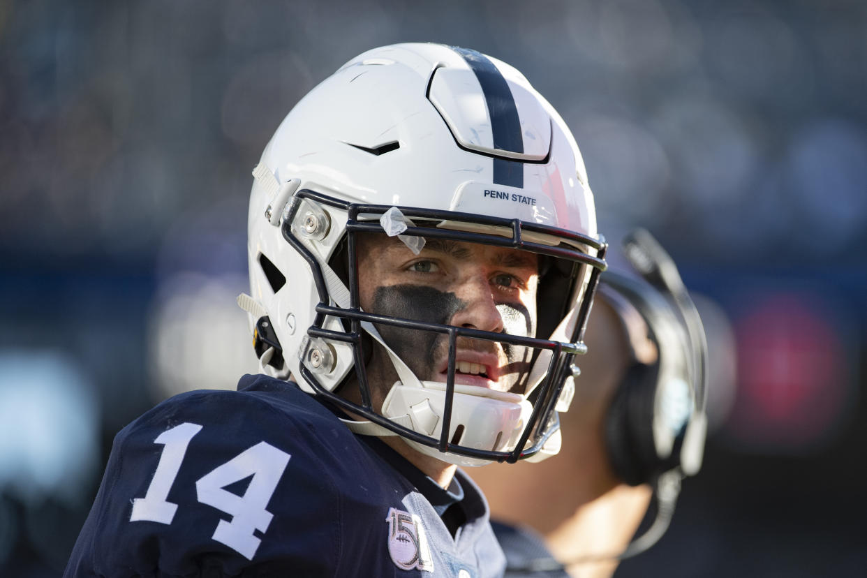 Penn State quarterback Sean Clifford (14) looks at the scoreboard while playing Indiana in the second half of an NCAA college football game in State College, Pa., on Saturday, Nov.16, 2019. Penn State defeated 34-27. (AP Photo/Barry Reeger)