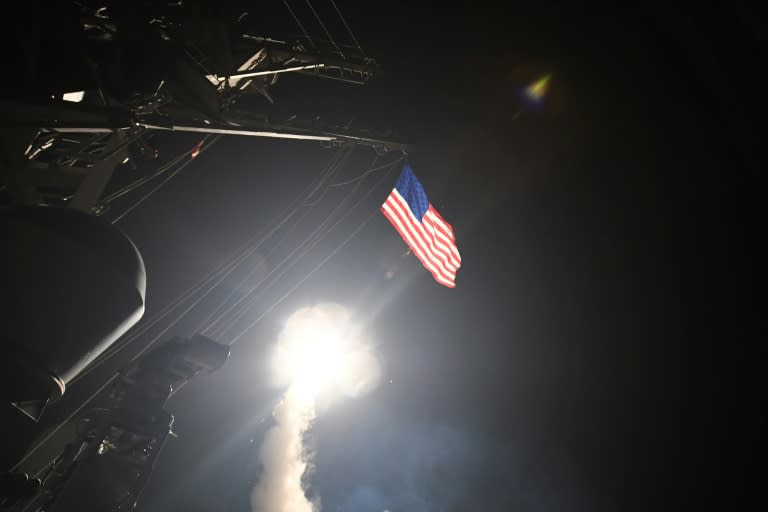 A missile is launched from the USS Porter in the Mediterranean Sea on April 7, 2017, when President Donald Trump ordered a massive military strike on a Syrian air base