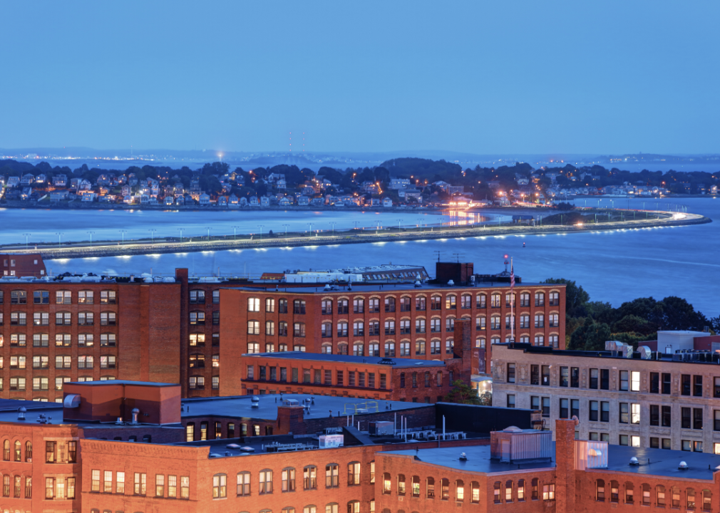 Nahant Causeway connecting Lynn and Nahant at dusk.