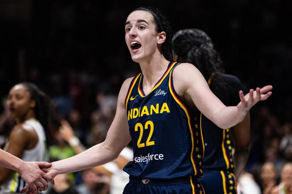 Indiana Fever guard Caitlin Clark (22) argues with the referee after no foul called in the fourth quarter of a WNBA preseason game between the Dallas Wings and Indiana Fever at College Park Center in Arlington on Friday, May 3, 2024.