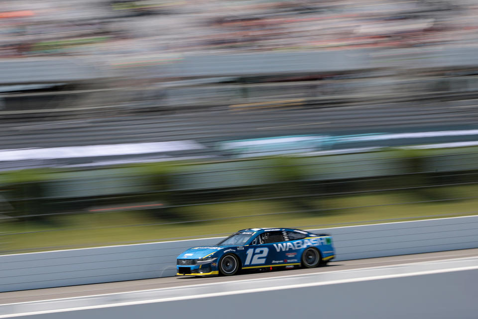 LONG POND, PENNSYLVANIA - JULY 13: Ryan Blaney, driver of the #12 Wabash Ford, drives during practice for the NASCAR Cup Series The Great American Getaway 400 at Pocono Raceway on July 13, 2024 in Long Pond, Pennsylvania. (Photo by James Gilbert/Getty Images)