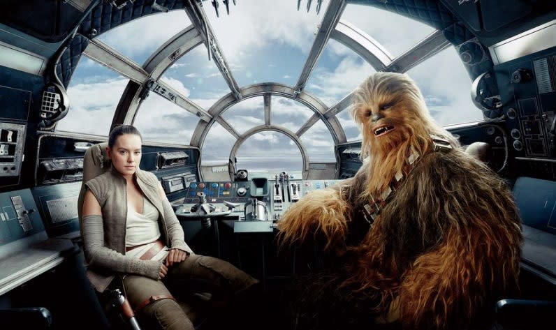 Daisy Ridley's Rey takes flight with Chewbacca in 'Star Wars: The Last Jedi' (credit: Annie Liebovitz for Vanity Fair)