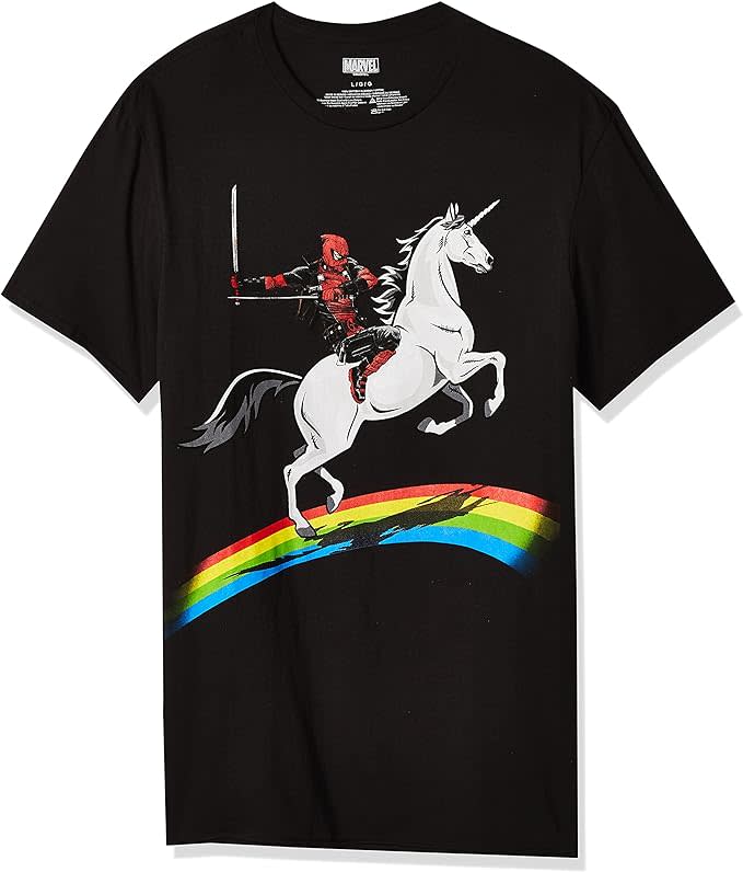 Marvel Deadpool Riding A Unicorn On A Rainbow T-Shirt