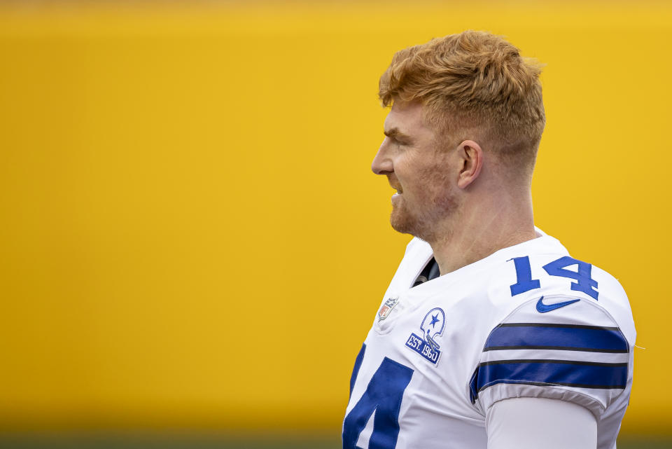 LANDOVER, MD - OCTOBER 25: Andy Dalton #14 of the Dallas Cowboys looks on before the game against the Washington Football Team at FedExField on October 25, 2020 in Landover, Maryland. (Photo by Scott Taetsch/Getty Images)