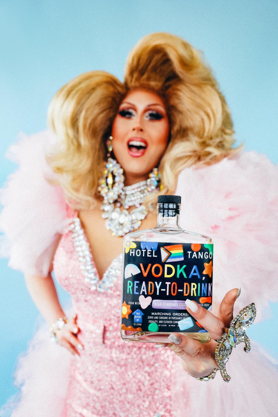 Broad Ripple-based drag queen Ana Crusis poses with Hotel Tango Distillery's Pride vodka.