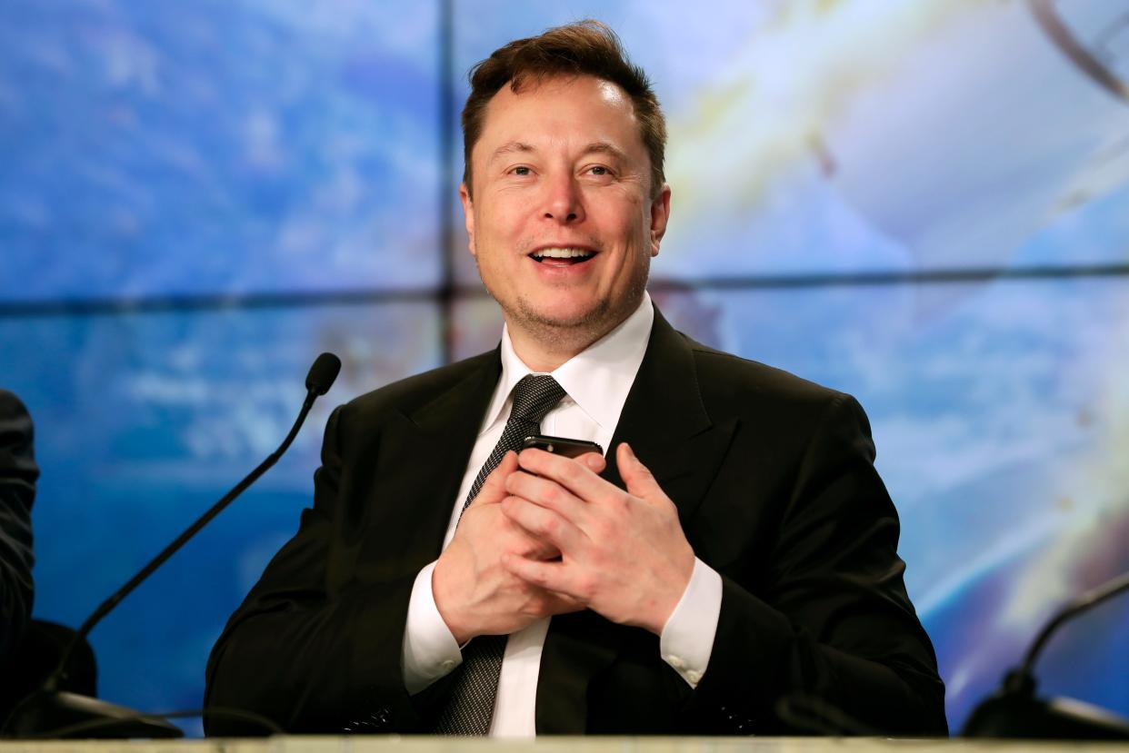 Elon Musk founder, CEO, and chief engineer/designer of SpaceX speaks during a news conference after a Falcon 9 SpaceX rocket test flight at the Kennedy Space Center in Cape Canaveral, Fla, Jan. 19, 2020.