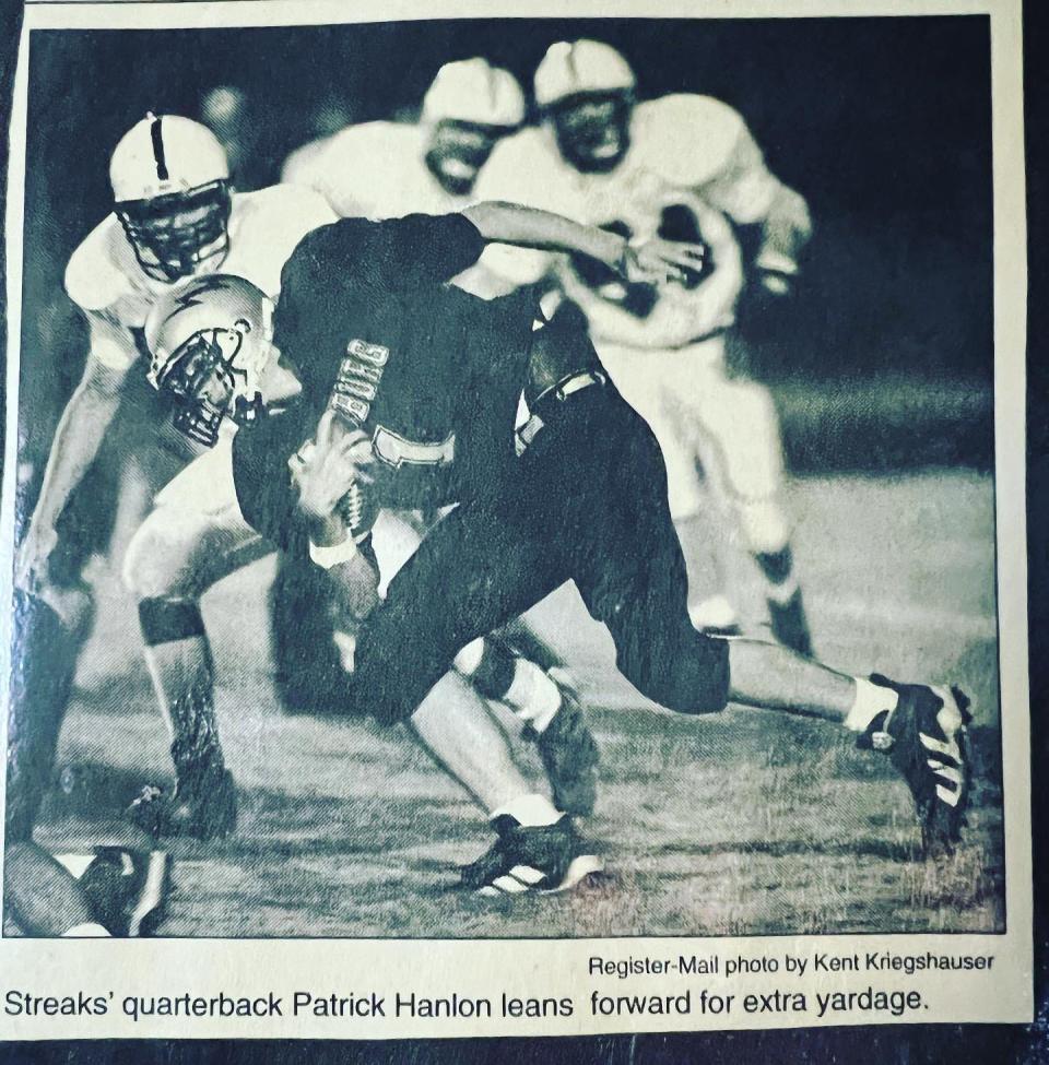 A clipping of a Register-Mail article shows a photo of Patrick Hanlon playing quarterback for the Galesburg Silver Streaks football team.