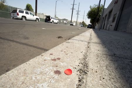 An evidence sticker and blood drops are pictured at the scene where 3 children were found dead in a parked vehicle in Los Angeles, California September 9, 2015. REUTERS/Jonathan Alcorn