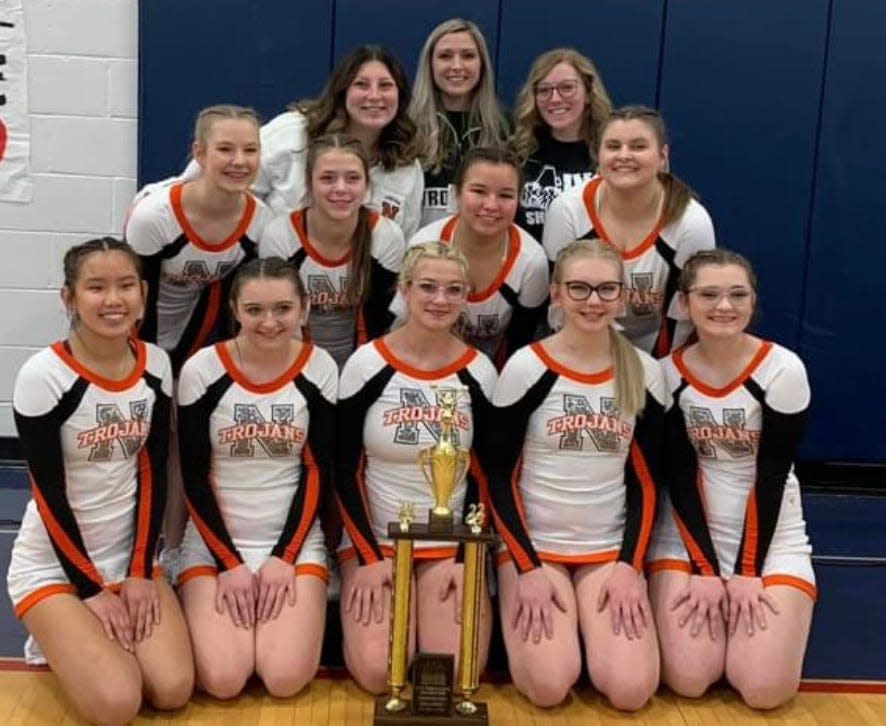 The Newcomerstown High School cheerleading squad won the North Division championship during a recent Inter-Valley Conference championships at Indian Valley. Team members are: FRONT  Elena Cadle (left), Tayte Bryan, Lexie Johnson, Karley Ingle and Lexie Quillin. MIDDLE Lincoln Stull, Mariah Schuler, Olivia Valdez and Breanna Rehard. BACK Haylee Meinhart, Coach Ashley Duhamel and Bryce Avon.