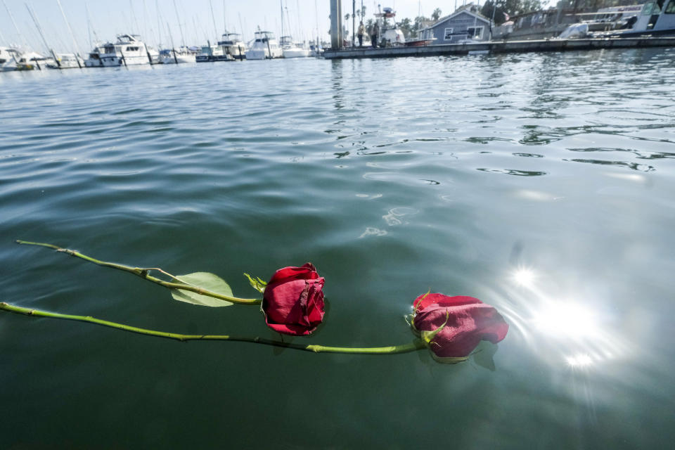 Flowers float on the water near the Sea Landing at Santa Barbara Harbor in Santa Barbara, Calif., Monday, Sept. 2, 2019.  (Photo: Ringo H.W. Chiu/AP)