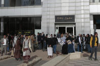 Yemenis gather at Sanaa airport, Yemen, Monday, May, 16, 2022. The first commercial flight in six years took off from Yemen’s rebel-held capital on Monday, officials said, part of a fragile truce in the county’s grinding civil war.(AP Photo/Hani Mohammed)