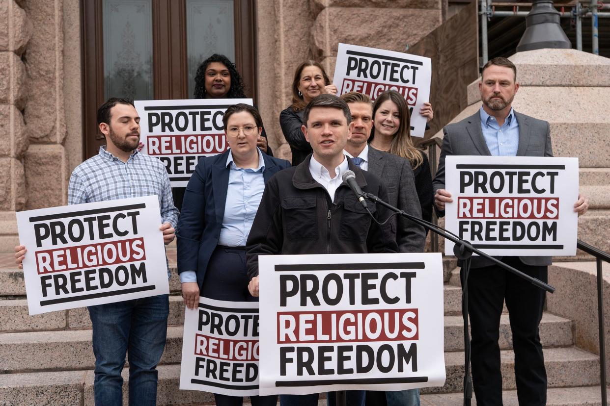 State Rep. James Talarico, D-Austin, spoke Thursday on the west steps of the Capitol alongside religious freedom advocates who opposed Texas' school chaplain bill. "This idea was defeated at the local level in every corner of Texas," Talarico said, noting many local school districts declined to create school chaplain programs.