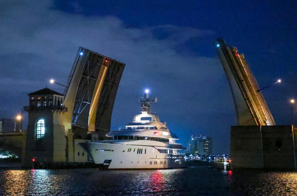 The Lady Kathryn V makes its way through the Royal Park Bridge to the new Town of Palm Beach Marina around 6:45 am Monday, November 1, 2021.