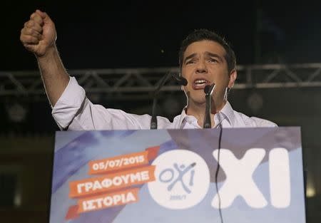 Greek Prime Minister Alexis Tsipras delivers a speech at an anti-austerity rally in Syntagma Square in Athens, Greece, July 3, 2015. REUTERS/Alkis Konstantinidis