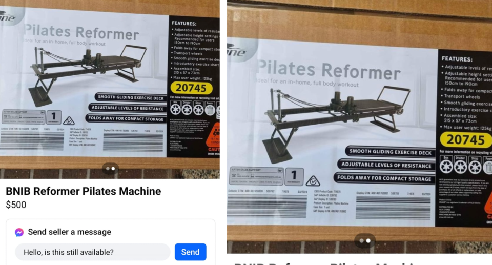 Pilates reformer shown in an ad on Facebook Marketplace.
