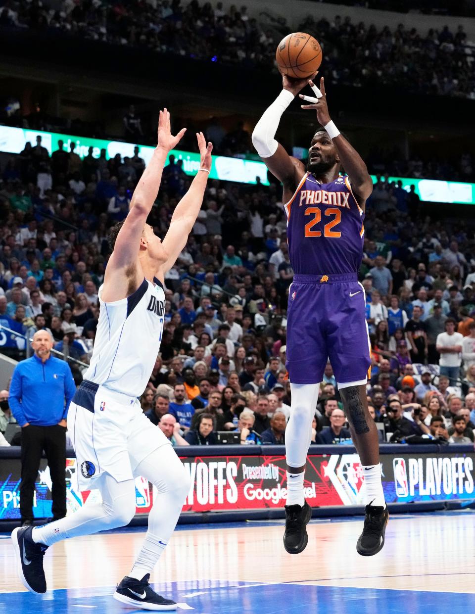 May 6, 2022; Dallas, Texas, USA; Phoenix Suns center Deandre Ayton (22) shoots a jumper against Dallas Mavericks center Dwight Powell (7) during game three of the second round for the 2022 NBA playoffs at American Airlines Center.