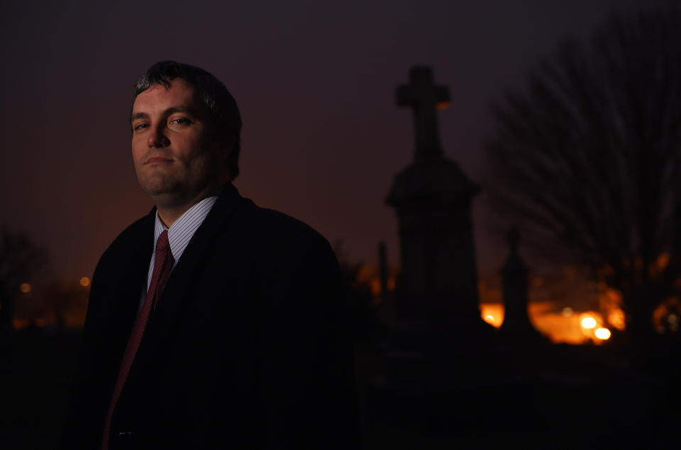 Here's Brett Talley posing for a portrait in a cemetery. In addition to being nominated to a lifetime court seat for some reason, he writes horror stories. (Photo: The Washington Post via Getty Images)